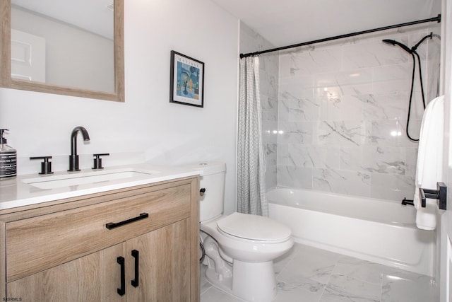 full bathroom with toilet, marble finish flooring, shower / tub combo, and vanity
