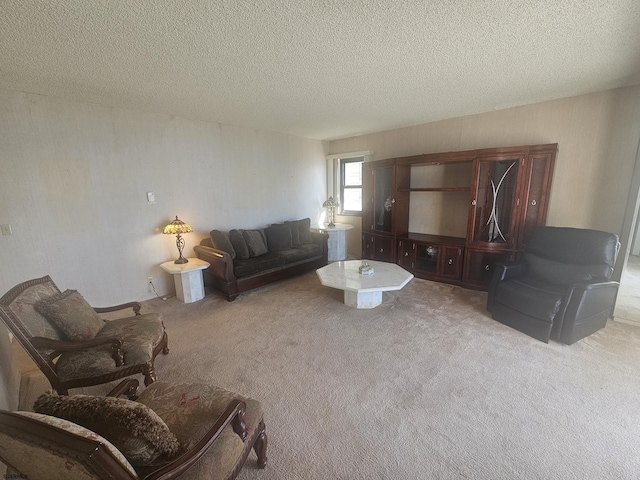 living area with carpet floors and a textured ceiling