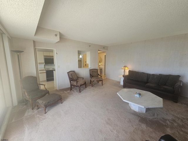 living room featuring a textured ceiling and carpet flooring