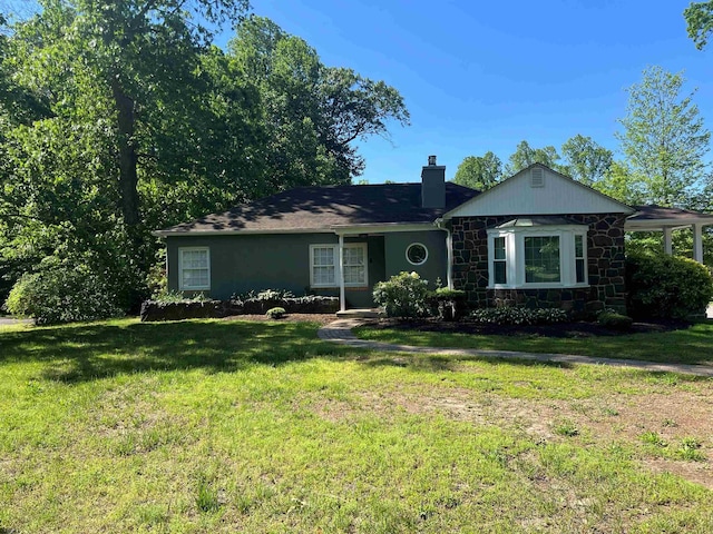 862 Central Ave, Hammonton, NJ 08037 - ranch-style home with stone siding, a chimney, and a front lawn
