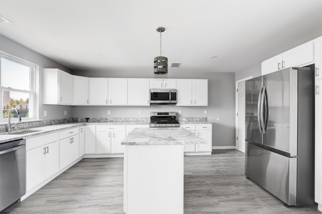 kitchen with stainless steel appliances, a sink, a center island, and white cabinets