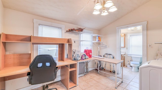 919 Broad St, Pleasantville, NJ 08232 - office area with washer / dryer, vaulted ceiling, a chandelier, and light tile patterned flooring