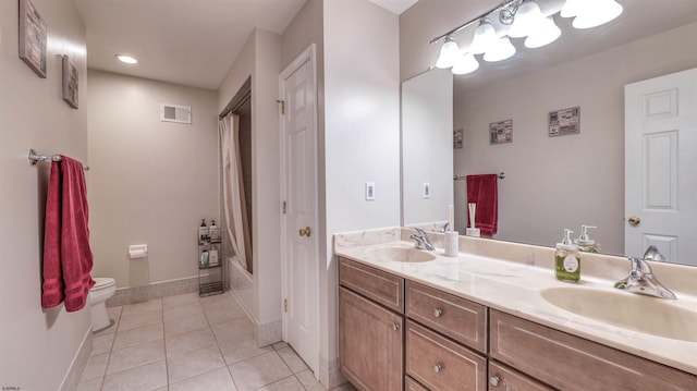 54 Hartford Dr, Egg Harbor Township, NJ 08234 - full bathroom with toilet, double vanity, tile patterned floors, shower / bath combo with shower curtain, and baseboards