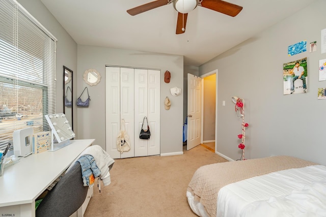 464 S Ash Ave, Galloway Township, NJ 08205 - bedroom featuring light carpet, a closet, baseboards, and a ceiling fan