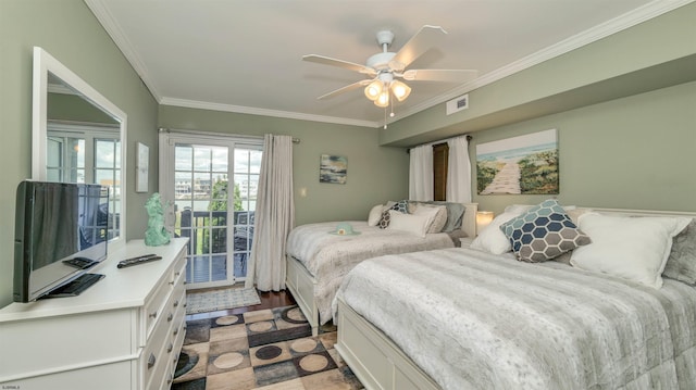 bedroom with access to exterior, crown molding, dark wood-type flooring, and a ceiling fan