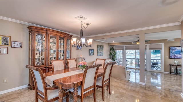 dining space featuring a chandelier, crown molding, and baseboards