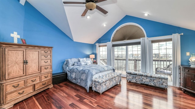 bedroom featuring lofted ceiling, access to exterior, dark wood-style floors, and a ceiling fan