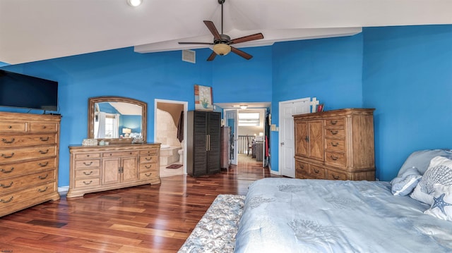 bedroom with wood finished floors, a ceiling fan, high vaulted ceiling, and connected bathroom
