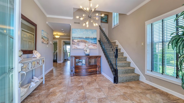 entryway with plenty of natural light, a chandelier, stairway, crown molding, and baseboards