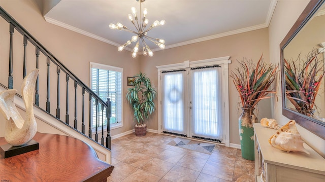 entrance foyer with crown molding, stairway, a chandelier, french doors, and light tile patterned flooring