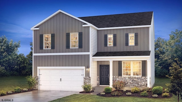view of front of property featuring a garage, board and batten siding, concrete driveway, a shingled roof, and stone siding