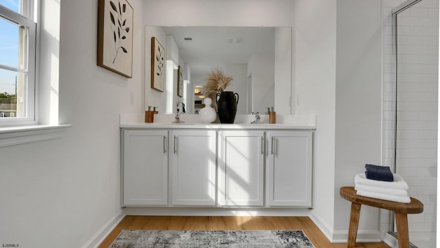 full bathroom featuring wood finished floors, baseboards, and double vanity