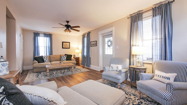 14 N Hillside Ave, Ventnor, NJ 08406 - living area featuring plenty of natural light, a ceiling fan, baseboards, and wood finished floors