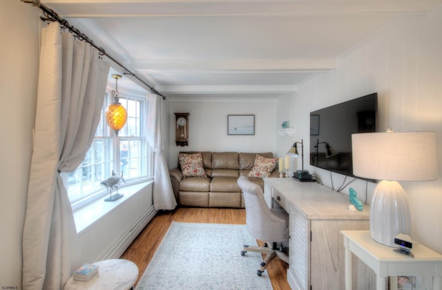 15 N Douglas Ave, Margate, NJ 08402 - living room featuring a baseboard heating unit, beamed ceiling, wood finished floors, and a desk