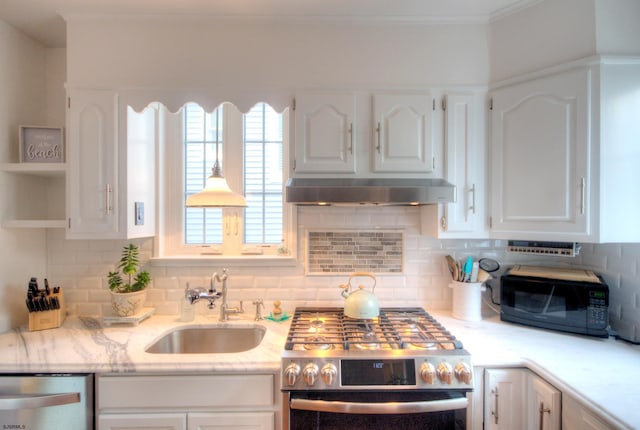 15 N Douglas Ave, Margate, NJ 08402 - kitchen featuring appliances with stainless steel finishes, range hood, a sink, white cabinets, and open shelves