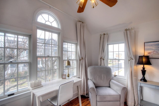 15 N Douglas Ave, Margate, NJ 08402 - living area featuring healthy amount of natural light, a ceiling fan, dark wood-style floors, and lofted ceiling
