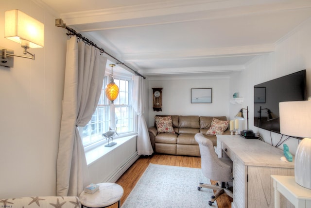 15 N Douglas Ave, Margate, NJ 08402 - living area with a baseboard heating unit, beam ceiling, light wood-style floors, an office area, and ornamental molding