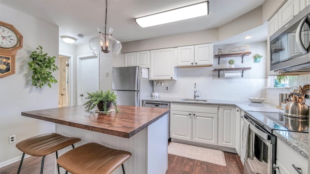 kitchen with appliances with stainless steel finishes, wooden counters, a sink, dark wood finished floors, and decorative backsplash