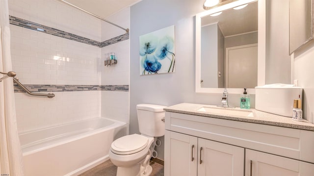 full bathroom featuring toilet, shower / bath combination with curtain, and vanity