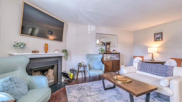 living room with wood finished floors and a fireplace