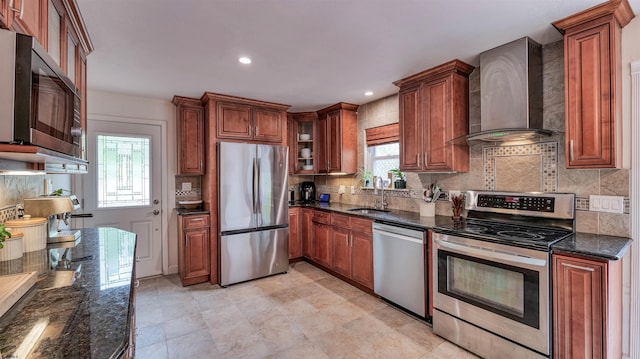 31 English Ln, Egg Harbor Township, NJ 08234 - kitchen featuring appliances with stainless steel finishes, wall chimney exhaust hood, decorative backsplash, and recessed lighting