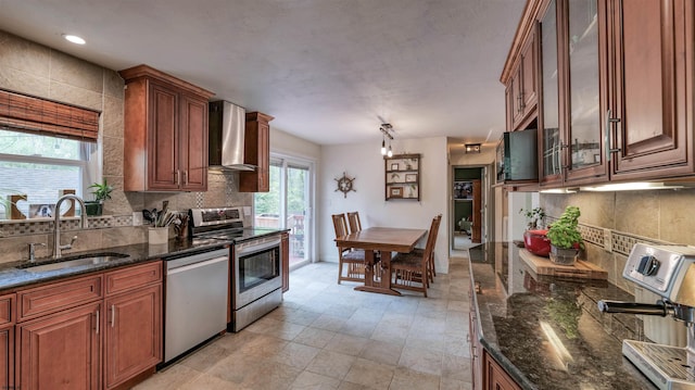 31 English Ln, Egg Harbor Township, NJ 08234 - kitchen with appliances with stainless steel finishes, wall chimney range hood, a sink, and decorative backsplash