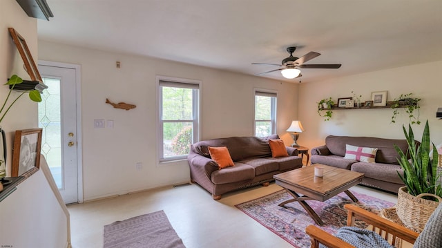 31 English Ln, Egg Harbor Township, NJ 08234 - living room with a ceiling fan, light wood-style flooring, and baseboards
