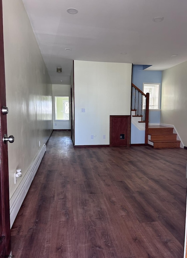 2910 Sunset Ave, Atlantic City, NJ 08401 - unfurnished living room with dark wood finished floors, stairs, baseboards, and baseboard heating