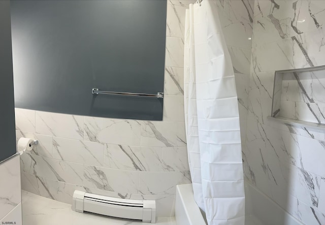 2910 Sunset Ave, Atlantic City, NJ 08401 - bathroom featuring a baseboard radiator and shower / bathtub combination with curtain