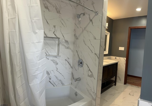 2910 Sunset Ave, Atlantic City, NJ 08401 - bathroom with shower / bath combination with curtain, marble finish floors, vanity, wainscoting, and tile walls