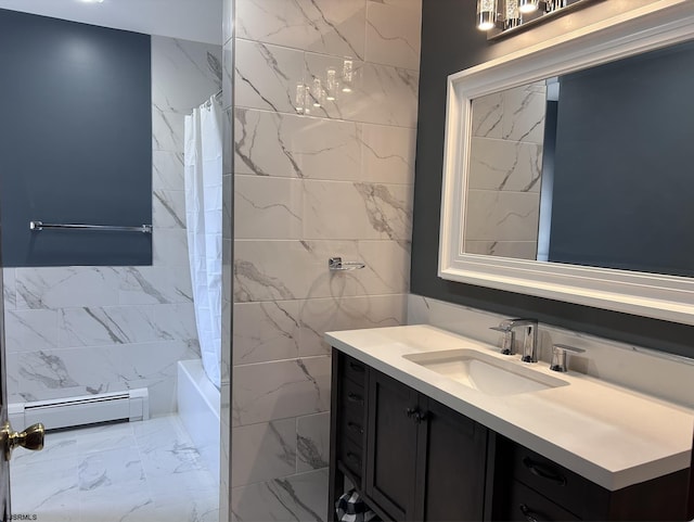 2910 Sunset Ave, Atlantic City, NJ 08401 - bathroom featuring baseboard heating, marble finish flooring, vanity, shower / bath combo, and tile walls