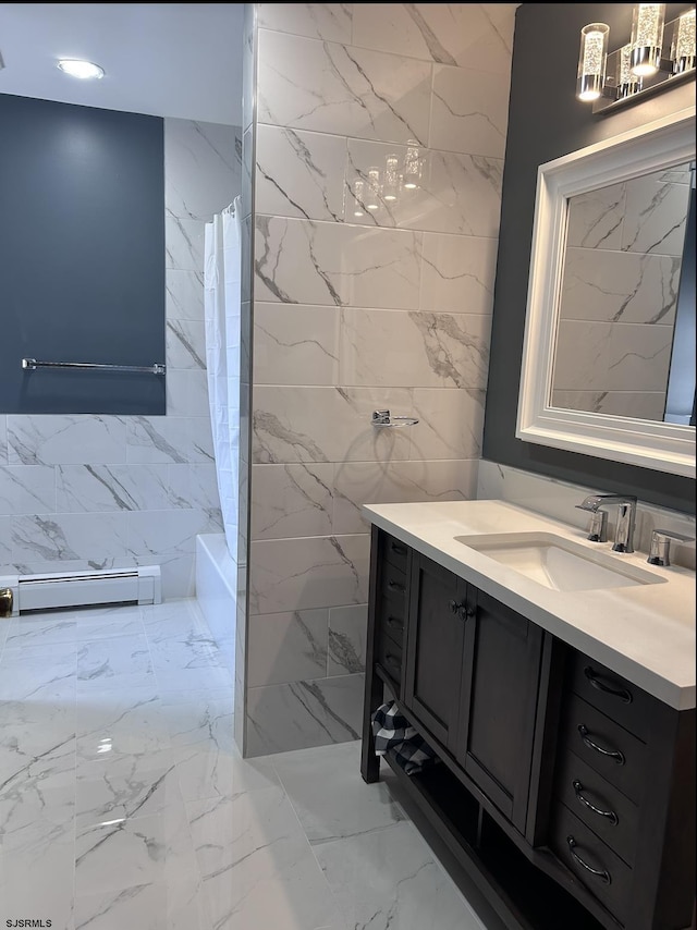 2910 Sunset Ave, Atlantic City, NJ 08401 - bathroom with a baseboard radiator, marble finish flooring, vanity, and shower / tub combo with curtain