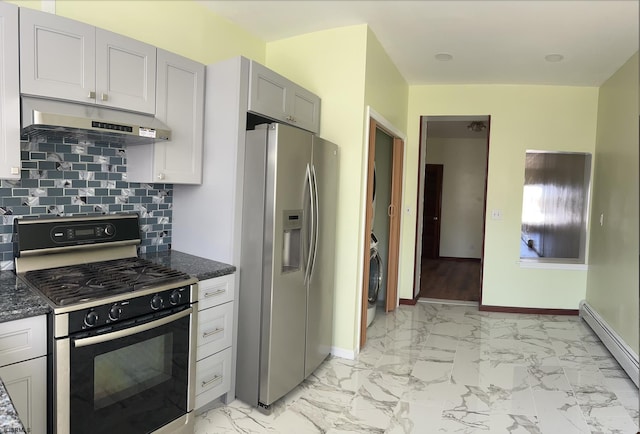 2910 Sunset Ave, Atlantic City, NJ 08401 - kitchen with gas range oven, under cabinet range hood, stainless steel fridge, a baseboard heating unit, and baseboards