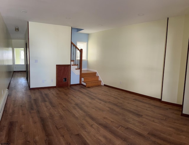 2910 Sunset Ave, Atlantic City, NJ 08401 - unfurnished living room with dark wood-style flooring, stairs, plenty of natural light, and baseboards