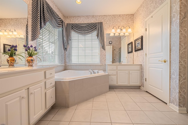 31 Leah Ct, Hammonton, NJ 08037 - bathroom featuring wallpapered walls, a garden tub, tile patterned floors, vanity, and a shower