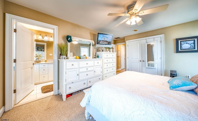 802 Coolidge Rd Unit 2, Ocean City, NJ 08226 - bedroom featuring light carpet, ensuite bath, and ceiling fan