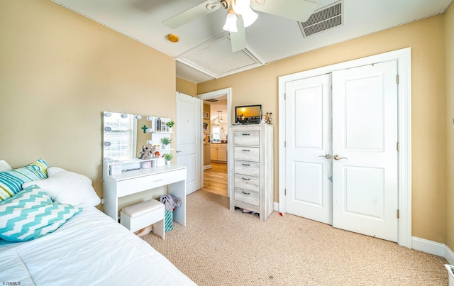 802 Coolidge Rd Unit 2, Ocean City, NJ 08226 - bedroom with attic access, light carpet, a closet, and a ceiling fan