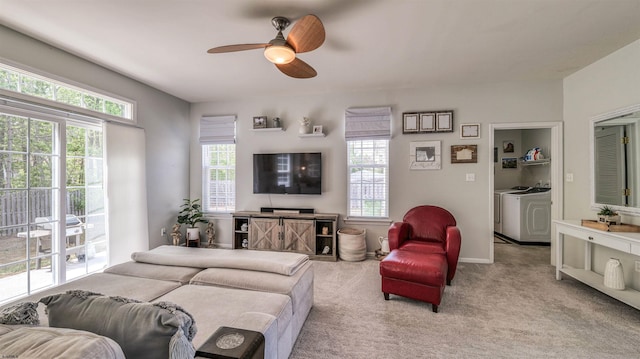 223 Churchill Dr, Egg Harbor Township, NJ 08234 - living room featuring washer and clothes dryer, a ceiling fan, healthy amount of natural light, and carpet