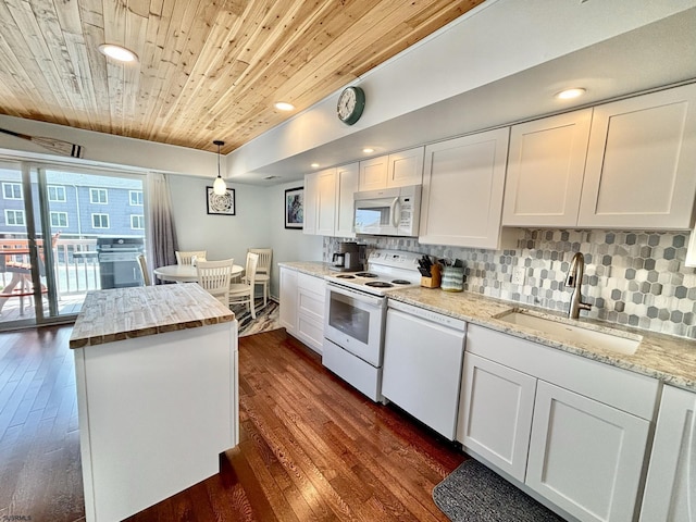 813 Periwinkle Dr Unit 813, Ocean City, NJ 08226 - kitchen with white appliances, wood ceiling, a sink, butcher block countertops, and white cabinets