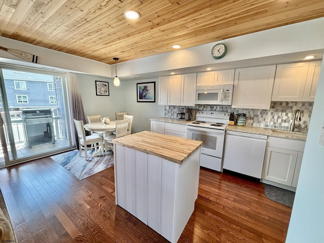 813 Periwinkle Dr Unit 813, Ocean City, NJ 08226 - kitchen with white appliances, wood counters, wooden ceiling, a sink, and white cabinets