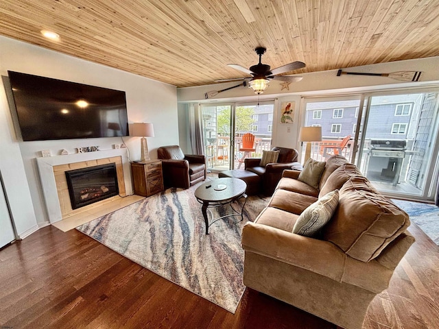 813 Periwinkle Dr Unit 813, Ocean City, NJ 08226 - living room with wood ceiling, ceiling fan, a fireplace, and wood finished floors