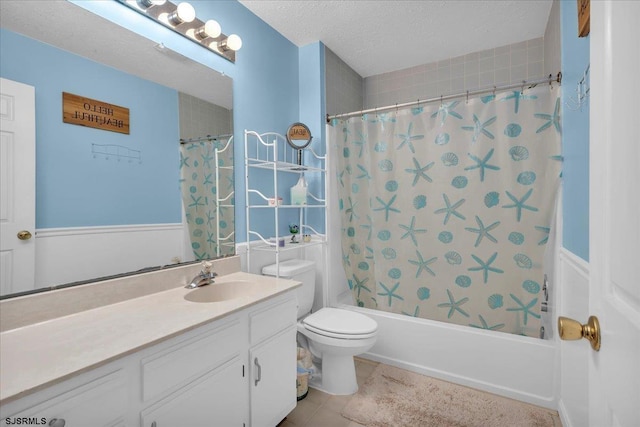 669 E Lake Front Cir Unit 669, Smithville, NJ 08205 - bathroom featuring shower / bath combo, vanity, tile patterned floors, toilet, and a textured ceiling