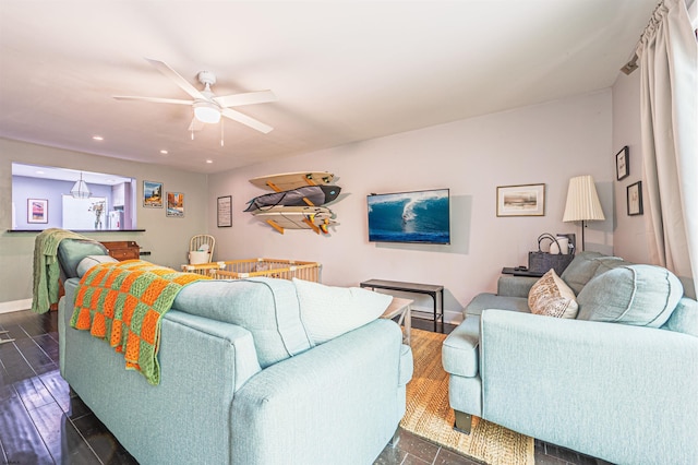 277 Mattix Run Unit 277, Galloway Township, NJ 08205 - living area featuring baseboards, a ceiling fan, recessed lighting, and dark wood-type flooring