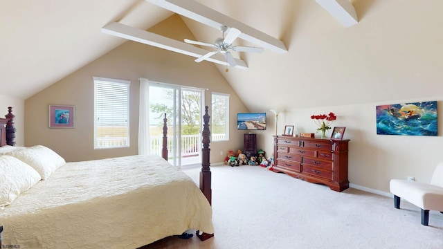 carpeted bedroom with access to outside, lofted ceiling, ceiling fan, and baseboards