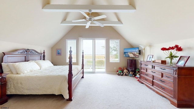 bedroom with access to exterior, light carpet, and a ceiling fan