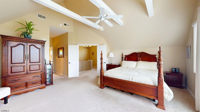 bedroom with lofted ceiling, light colored carpet, baseboards, and ceiling fan
