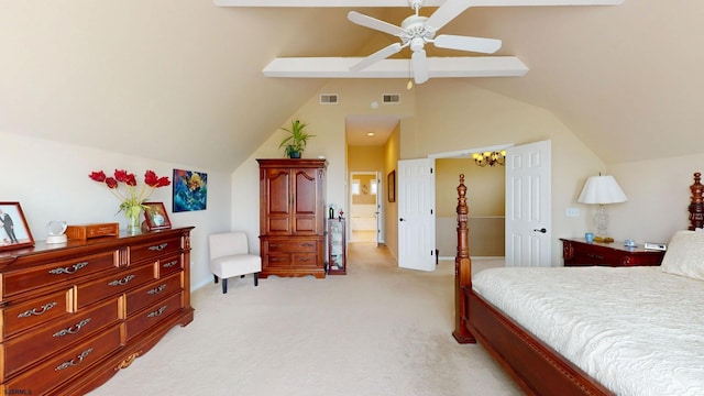 bedroom featuring lofted ceiling, light carpet, a ceiling fan, and a closet