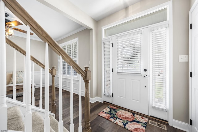 109 Briarcliff Dr, Egg Harbor Township, NJ 08234 - entryway featuring stairway, wood finished floors, ornamental molding, baseboards, and ceiling fan