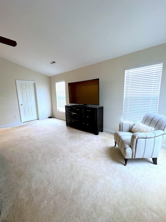 11 Gallant Fox Ln, Egg Harbor Township, NJ 08234 - living room with light colored carpet, lofted ceiling, baseboards, and ceiling fan