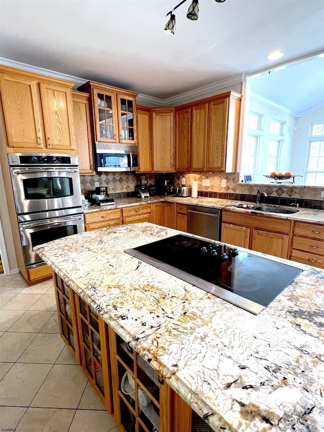 11 Gallant Fox Ln, Egg Harbor Township, NJ 08234 - kitchen with appliances with stainless steel finishes, a sink, crown molding, decorative backsplash, and glass insert cabinets